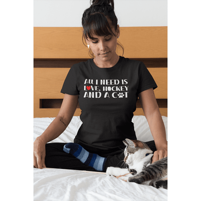 Printify T-Shirt "All I Need Is Love, Hockey And A Cat" Unisex Jersey Tee
