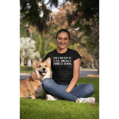 Printify T-Shirt "All I Need Is Love, Hockey And A Dog" Unisex Jersey Tee