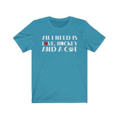 Printify T-Shirt Aqua / S "All I Need Is Love, Hockey And A Cat" Unisex Jersey Tee
