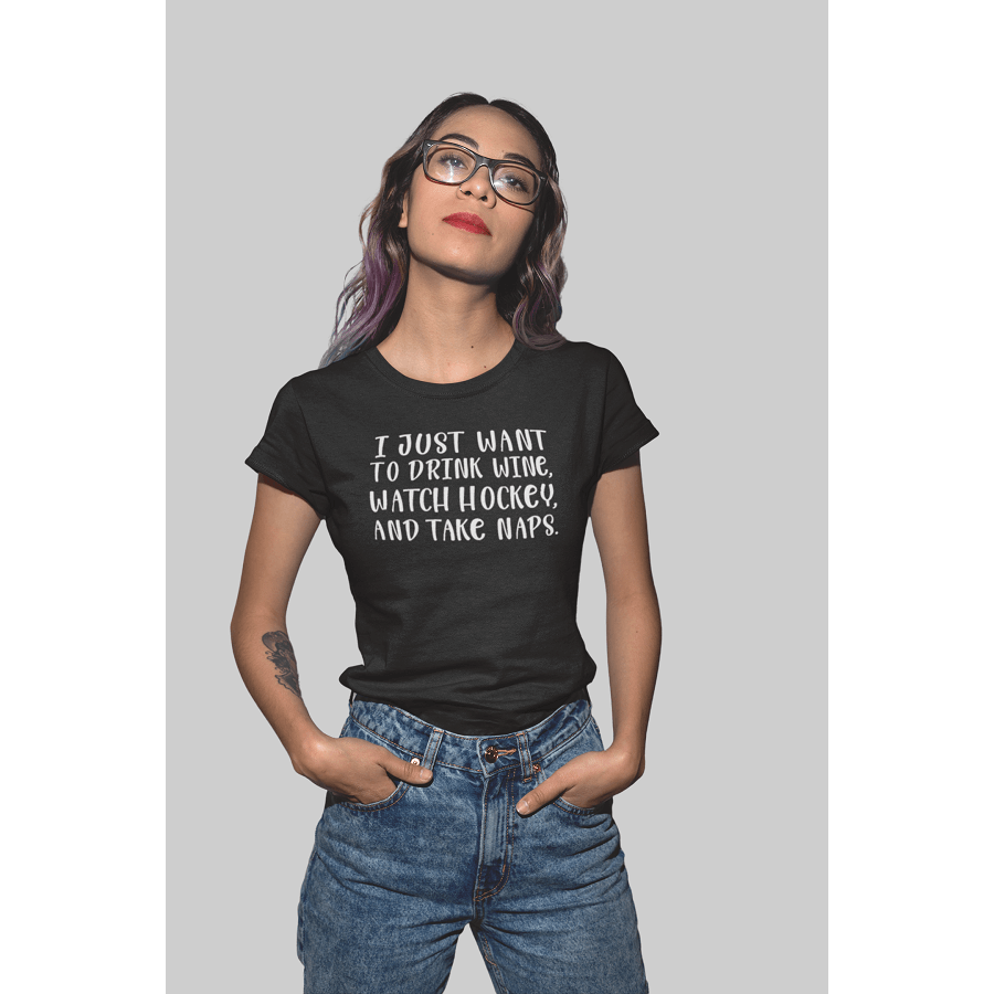 Printify T-Shirt "I Just Want To Drink Wine And Watch Hockey" Unisex Jersey Tee