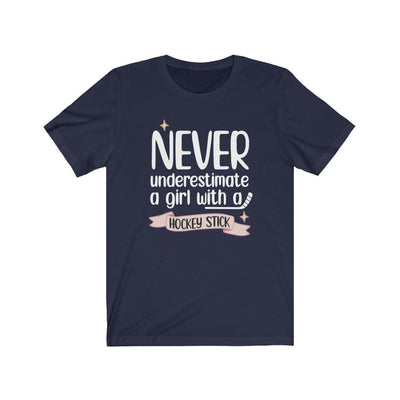 Printify T-Shirt Navy / S "Never Underestimate A Girl With Hockey Stick" Unisex Jersey Tee