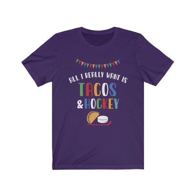 Printify T-Shirt Team Purple / S "All I Really Want Is Tacos And Hockey"  Unisex Jersey Tee